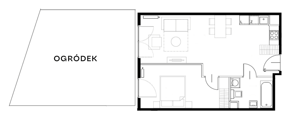 Rzut mieszkania nr 5 w budynku 24 z ogródkiem – 2 pokoje, 47,6 m²