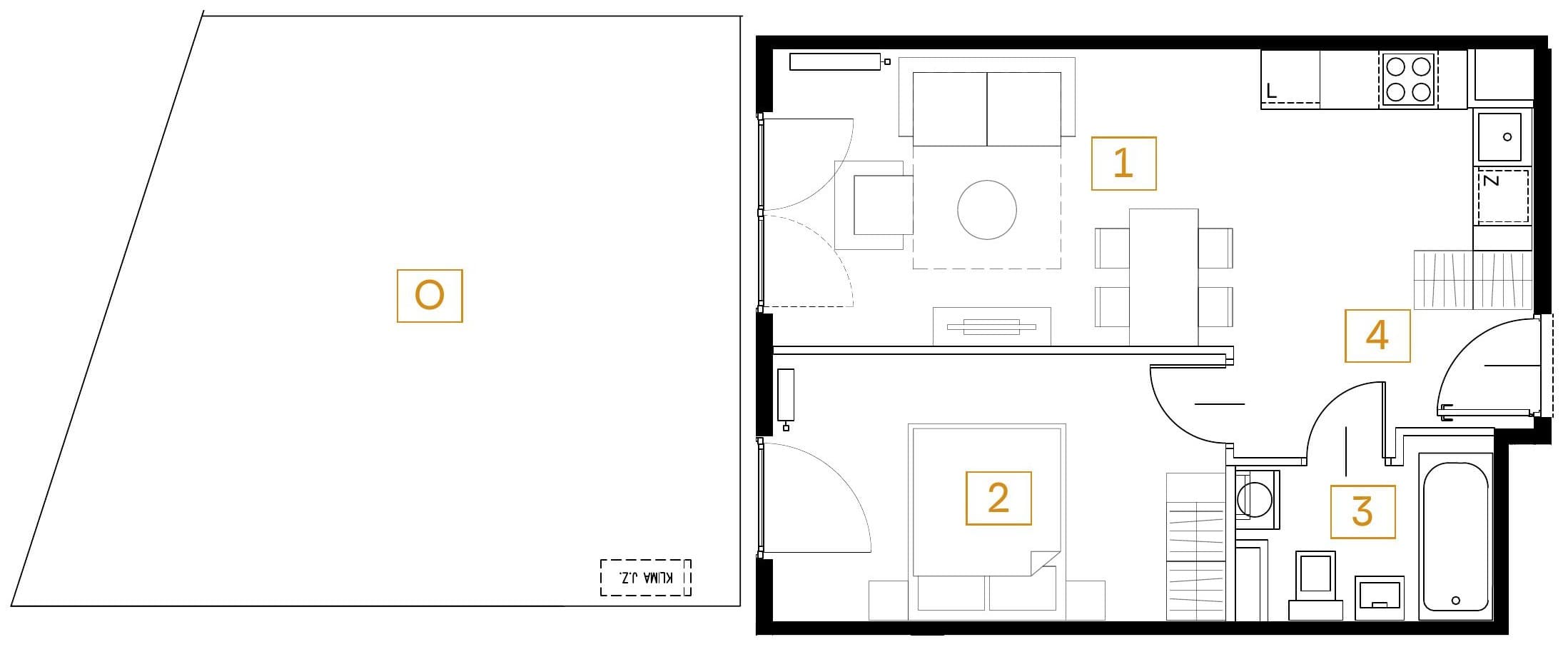 Rzut mieszkania nr 87 w budynku 24 – 2 pokoje, 42,45 m²