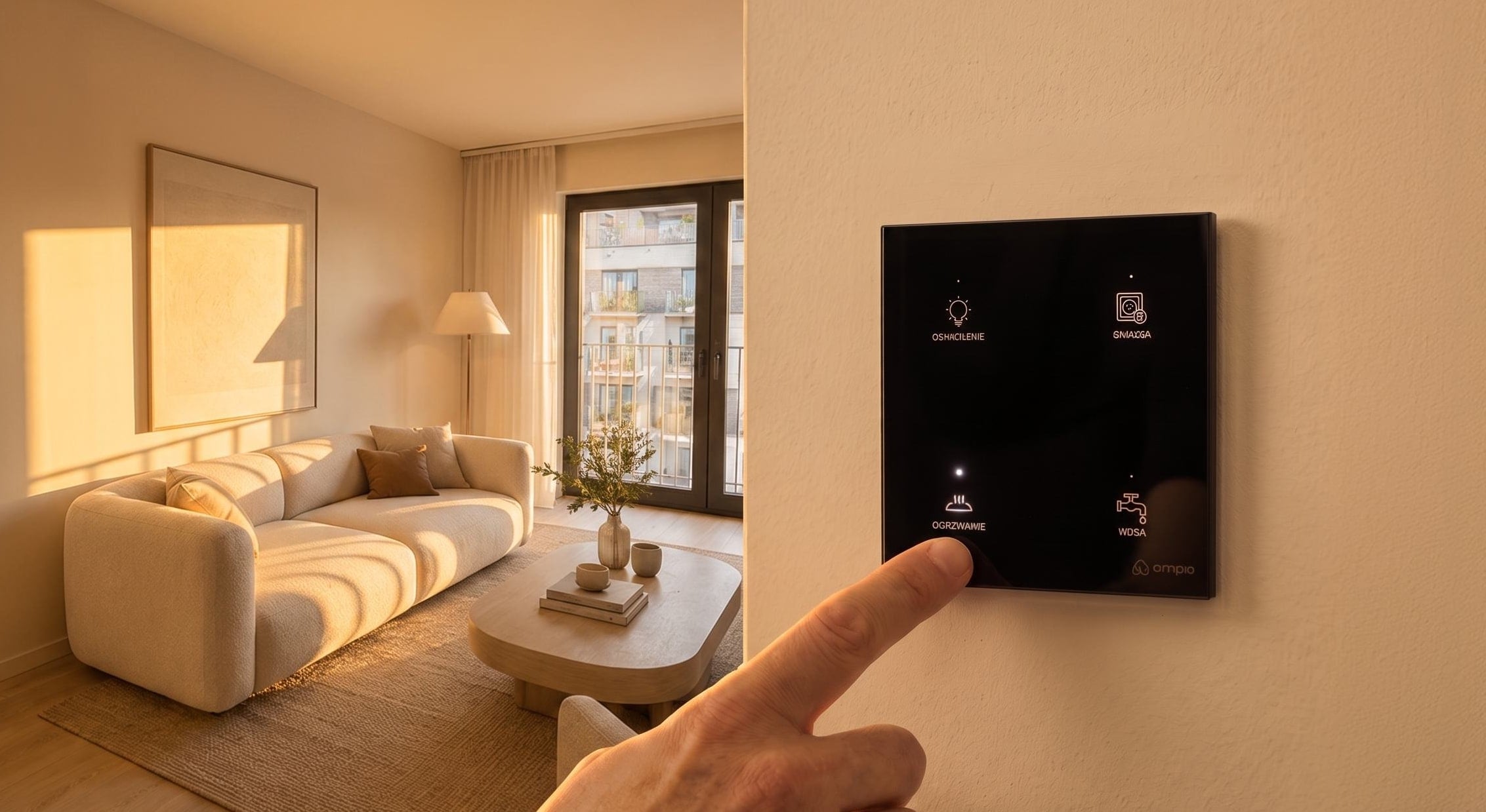 Salon w mieszkaniu na Osiedlu Fi i panel Smart Home na ścianie