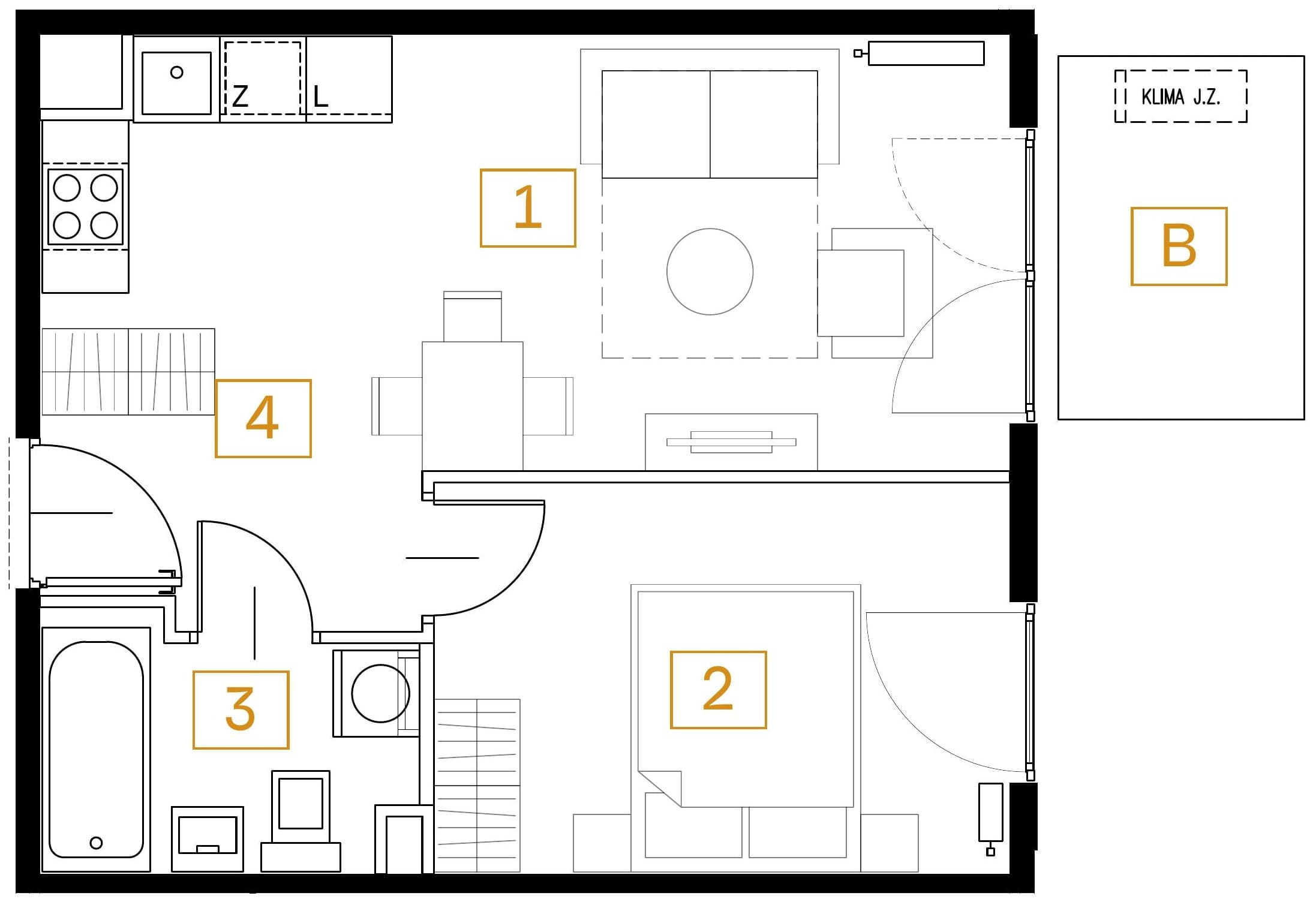 Rzut mieszkania nr 18 w budynku 24 – 2 pokoje, 37,76 m²